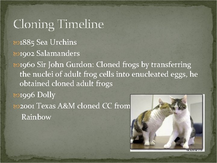 Cloning Timeline 1885 Sea Urchins 1902 Salamanders 1960 Sir John Gurdon: Cloned frogs by