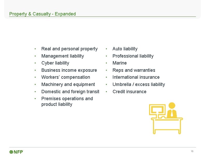 Property & Casualty - Expanded • • Real and personal property Management liability Cyber