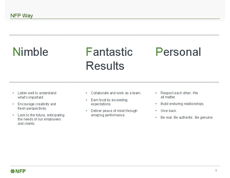 NFP Way Nimble Fantastic Results Personal • Listen well to understand • Collaborate and