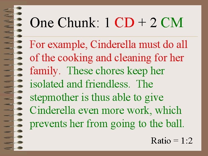 One Chunk: 1 CD + 2 CM For example, Cinderella must do all of