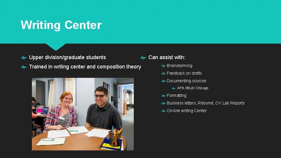 Writing Center Upper division/graduate students Can assist with: Trained in writing center and composition