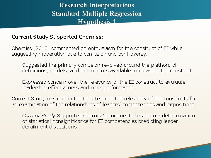 Research Interpretations Standard Multiple Regression Hypothesis 1 Current Study Supported Cherniss: Cherniss (2010) commented