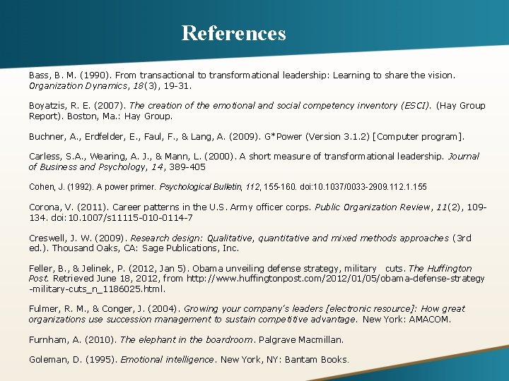 References Bass, B. M. (1990). From transactional to transformational leadership: Learning to share the