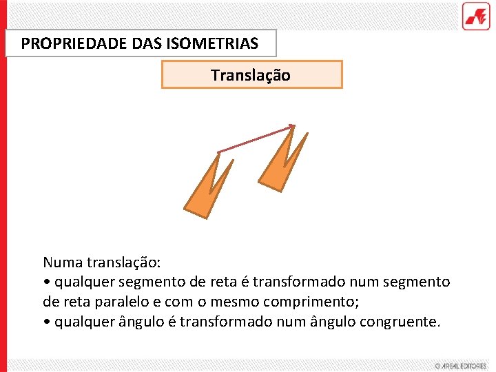 PROPRIEDADE DAS ISOMETRIAS Translação Numa translação: • qualquer segmento de reta é transformado num