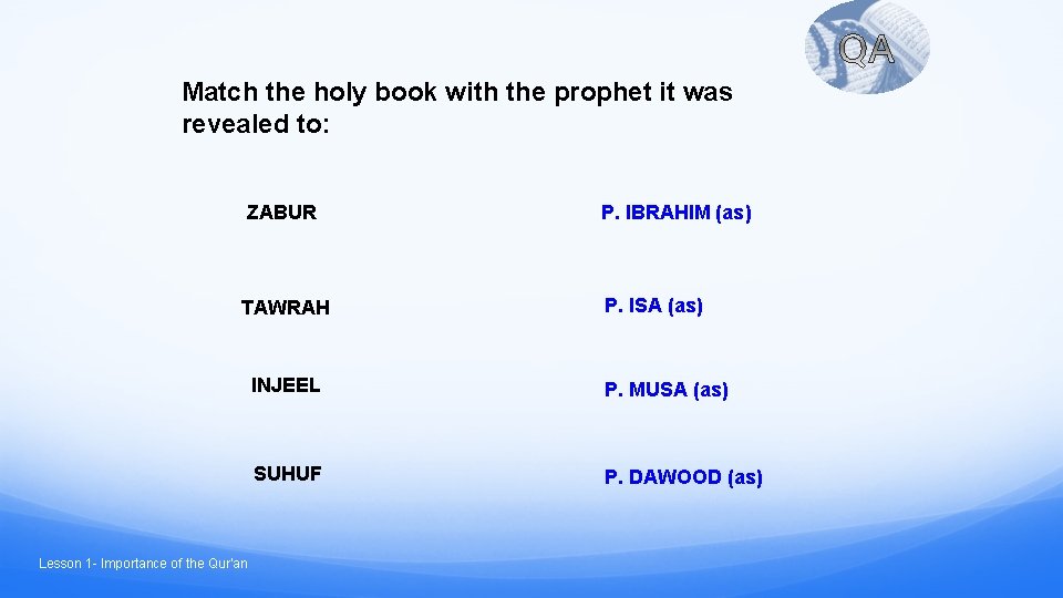 Match the holy book with the prophet it was revealed to: ZABUR P. IBRAHIM