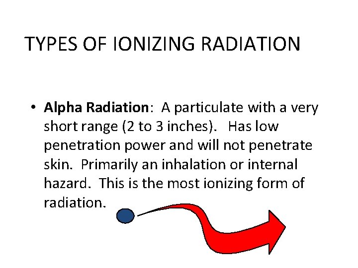 TYPES OF IONIZING RADIATION • Alpha Radiation: A particulate with a very short range
