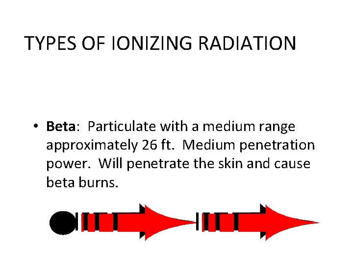 TYPES OF IONIZING RADIATION • Beta: Particulate with a medium range approximately 26 ft.