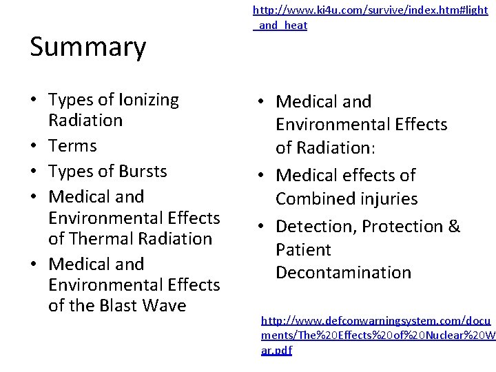 Summary • Types of Ionizing Radiation • Terms • Types of Bursts • Medical