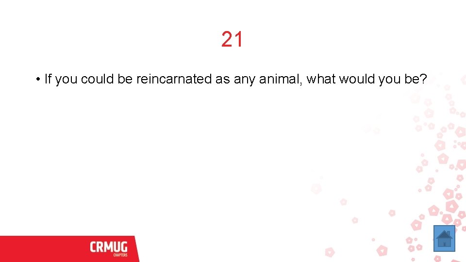 21 • If you could be reincarnated as any animal, what would you be?