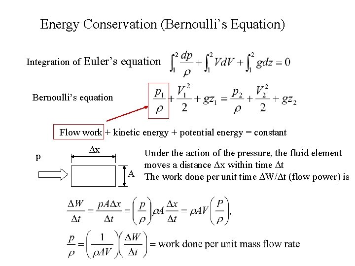 Energy Conservation (Bernoulli’s Equation) Integration of Euler’s equation Bernoulli’s equation Flow work + kinetic