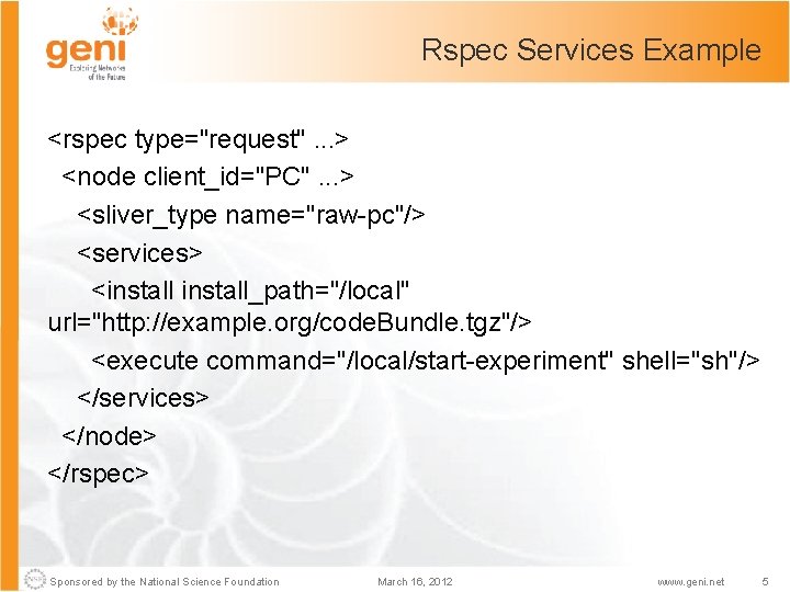 Rspec Services Example <rspec type="request". . . > <node client_id="PC". . . > <sliver_type