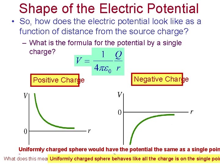 Shape of the Electric Potential • So, how does the electric potential look like