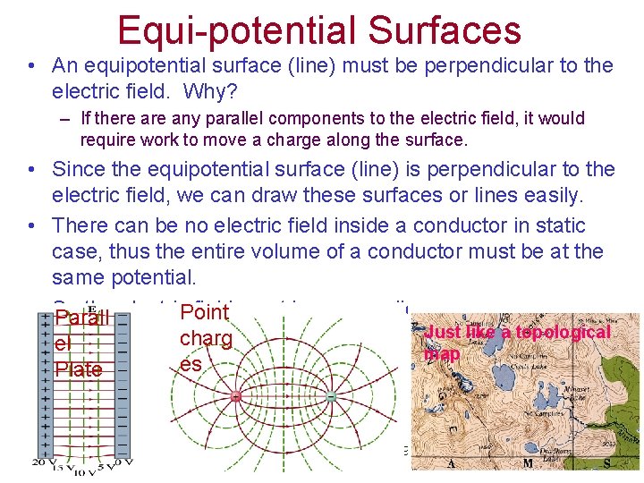 Equi-potential Surfaces • An equipotential surface (line) must be perpendicular to the electric field.