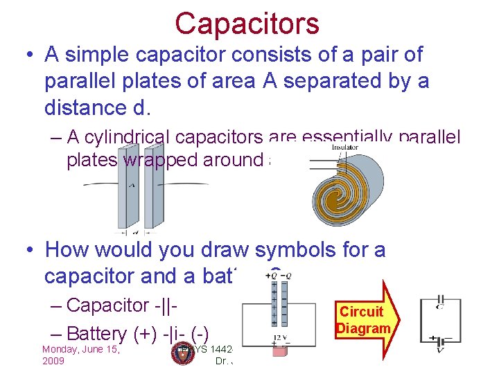 Capacitors • A simple capacitor consists of a pair of parallel plates of area