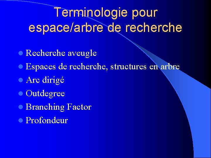 Terminologie pour espace/arbre de recherche l Recherche aveugle l Espaces de recherche, structures en