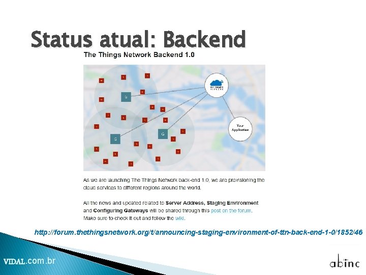 Status atual: Backend http: //forum. thethingsnetwork. org/t/announcing-staging-environment-of-ttn-back-end-1 -0/1852/46 VIDAL. com. br 