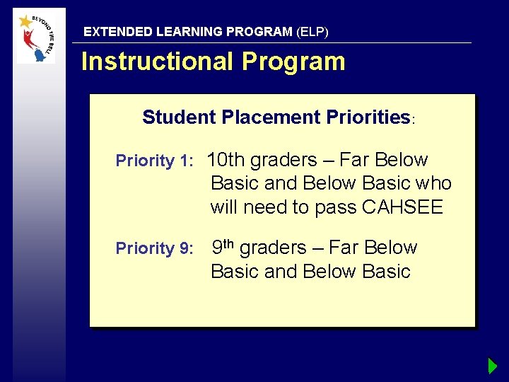 EXTENDED LEARNING PROGRAM (ELP) Instructional Program Student Placement Priorities: Priority 1: 10 th graders