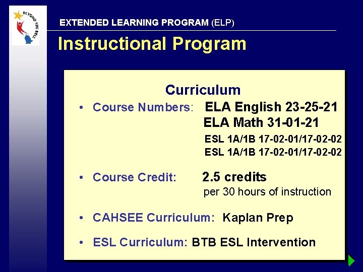 EXTENDED LEARNING PROGRAM (ELP) Instructional Program Curriculum • Course Numbers: ELA English 23 -25