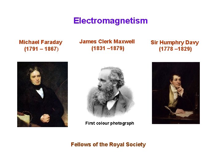 Electromagnetism Michael Faraday (1791 – 1867) James Clerk Maxwell (1831 – 1879) First colour