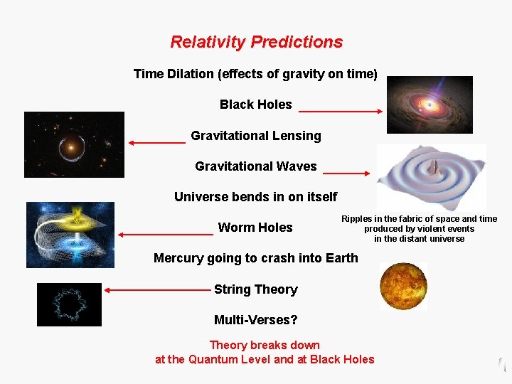 Relativity Predictions Time Dilation (effects of gravity on time) Black Holes Gravitational Lensing Gravitational