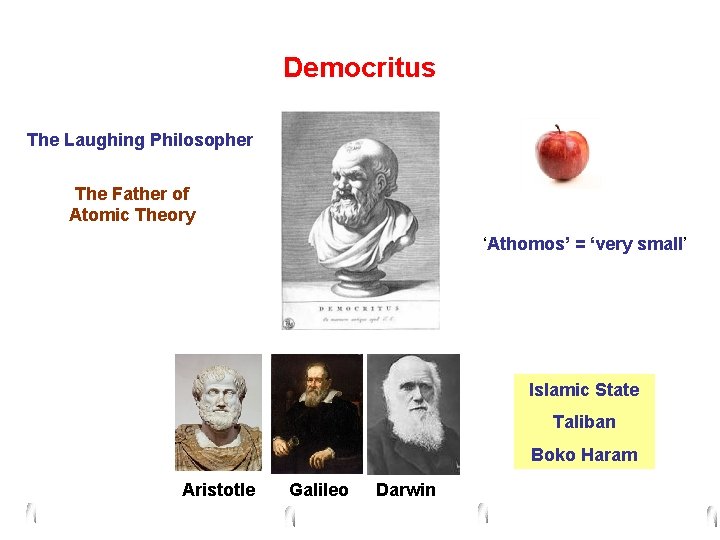 Democritus The Laughing Philosopher The Father of Atomic Theory ‘Athomos’ = ‘very small’ Islamic