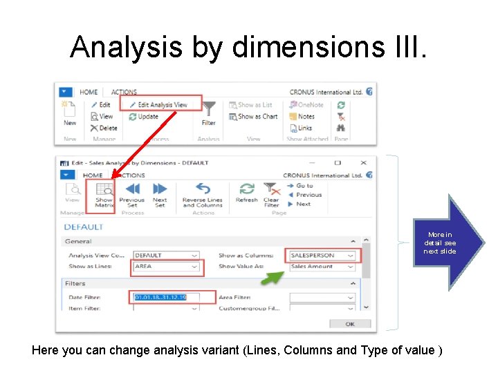Analysis by dimensions III. More in detail see next slide Here you can change