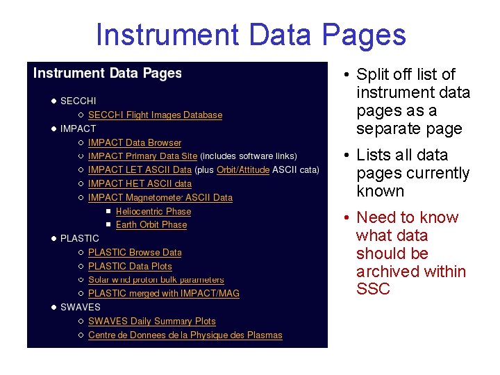 Instrument Data Pages • Split off list of instrument data pages as a separate