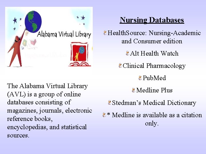 Nursing Databases Health. Source: Nursing-Academic and Consumer edition Alt Health Watch Clinical Pharmacology Pub.