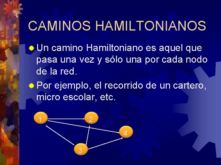 CAMINOS HAMILTONIANOS ® Un camino Hamiltoniano es aquel que pasa una vez y sólo