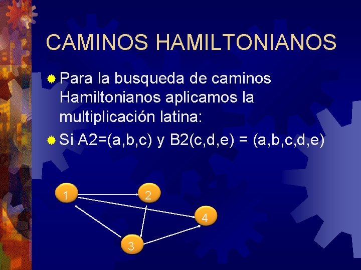 CAMINOS HAMILTONIANOS ® Para la busqueda de caminos Hamiltonianos aplicamos la multiplicación latina: ®