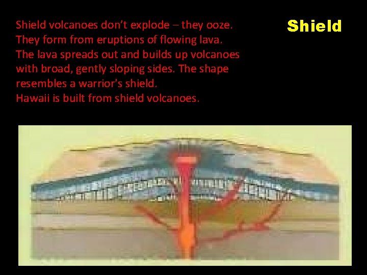 Shield volcanoes don’t explode – they ooze. They form from eruptions of flowing lava.