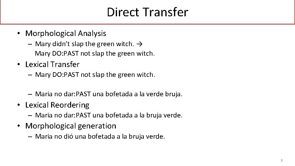 Direct Transfer • Morphological Analysis – Mary didn’t slap the green witch. → Mary