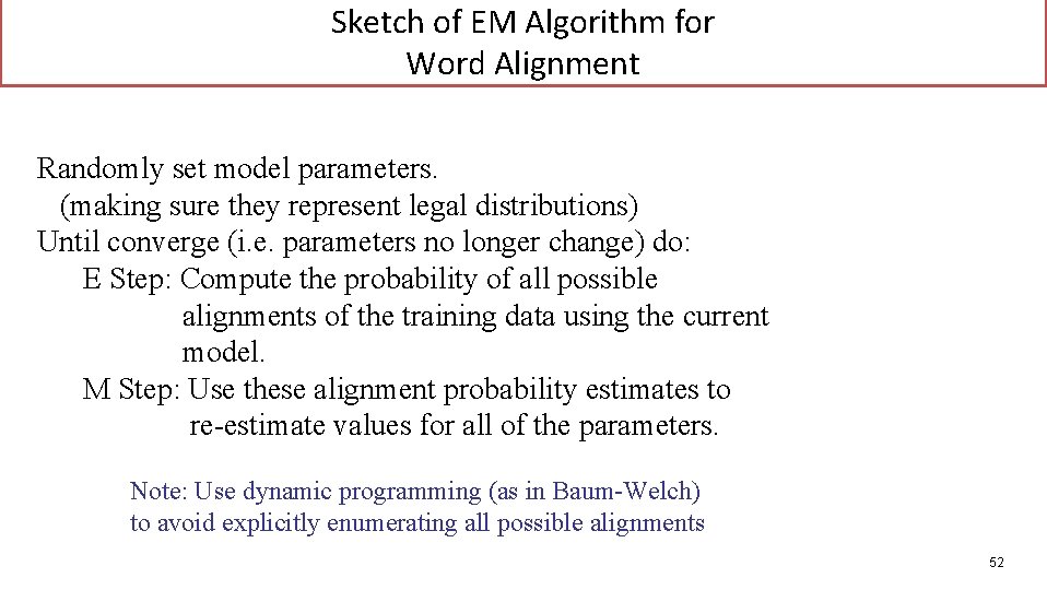 Sketch of EM Algorithm for Word Alignment Randomly set model parameters. (making sure they