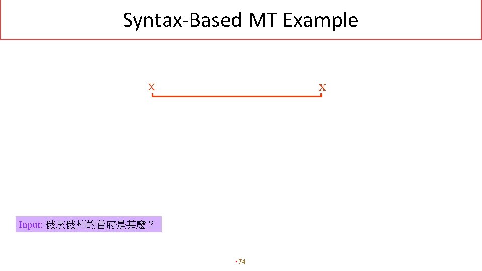 Syntax-Based MT Example X X Input: 俄亥俄州的首府是甚麼？ • 74 