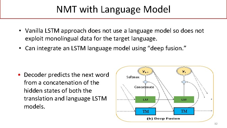 NMT with Language Model • Vanilla LSTM approach does not use a language model