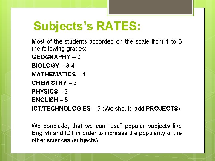 Subjects’s RATES: Most of the students accorded on the scale from 1 to 5