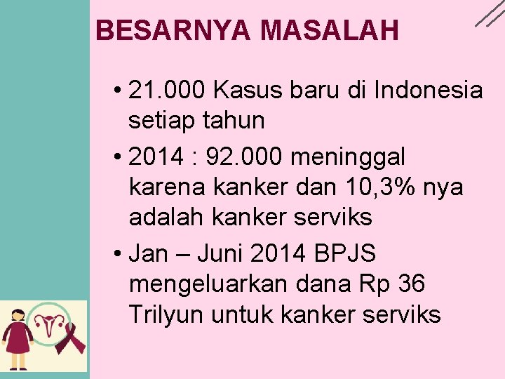 BESARNYA MASALAH • 21. 000 Kasus baru di Indonesia setiap tahun • 2014 :