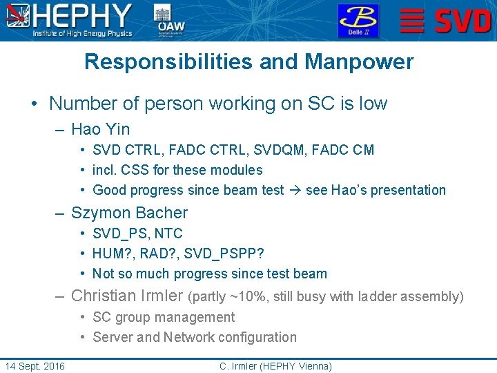 Responsibilities and Manpower • Number of person working on SC is low – Hao