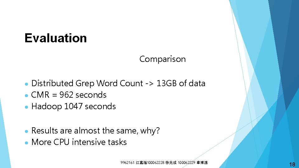 Evaluation Comparison ● Distributed Grep Word Count -> 13 GB of data ● CMR