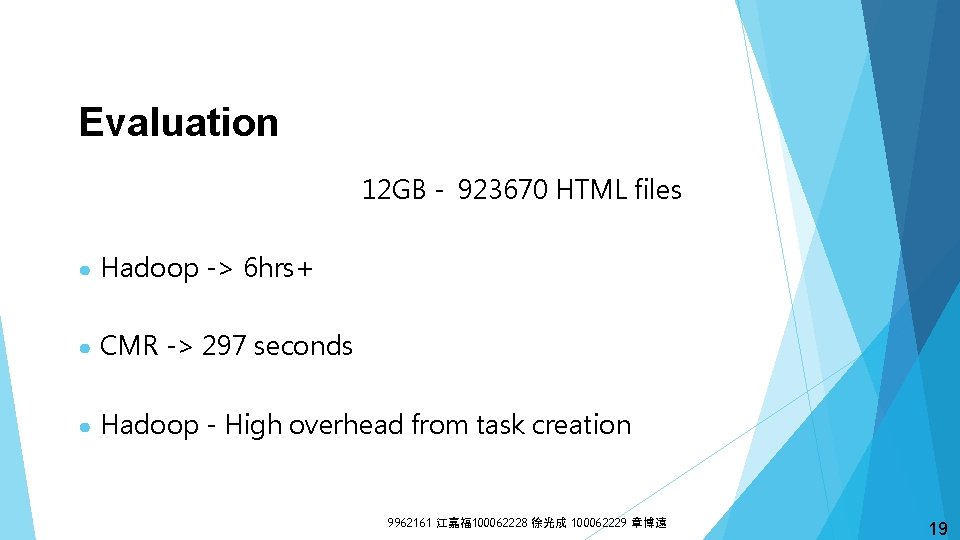 Evaluation 12 GB - 923670 HTML files ● Hadoop -> 6 hrs+ ● CMR