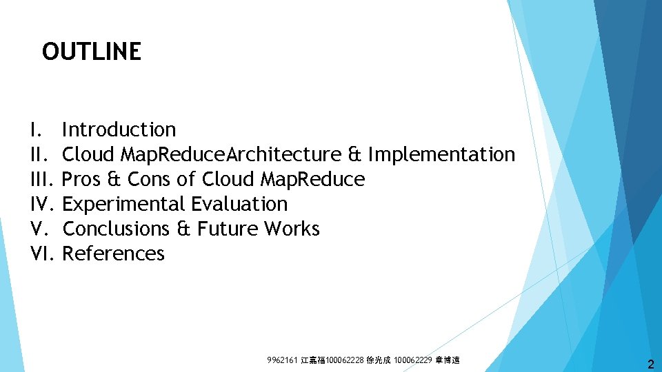 OUTLINE I. Introduction II. Cloud Map. Reduce. Architecture & Implementation III. Pros & Cons