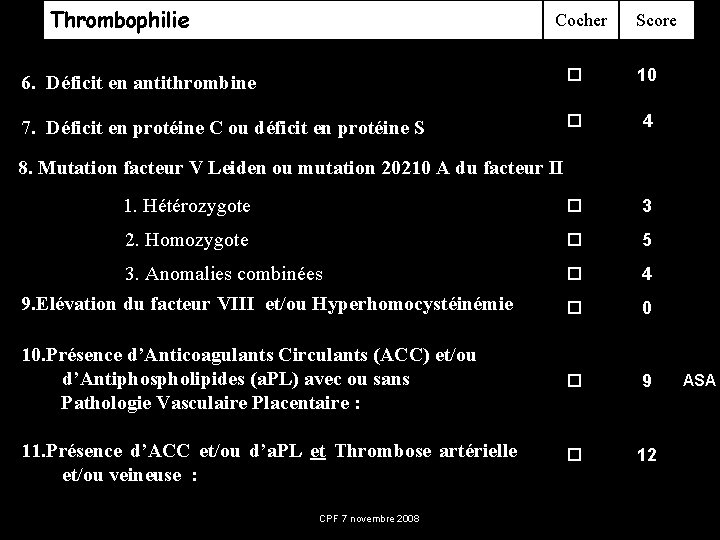 Thrombophilie Cocher Score 6. Déficit en antithrombine 10 7. Déficit en protéine C ou