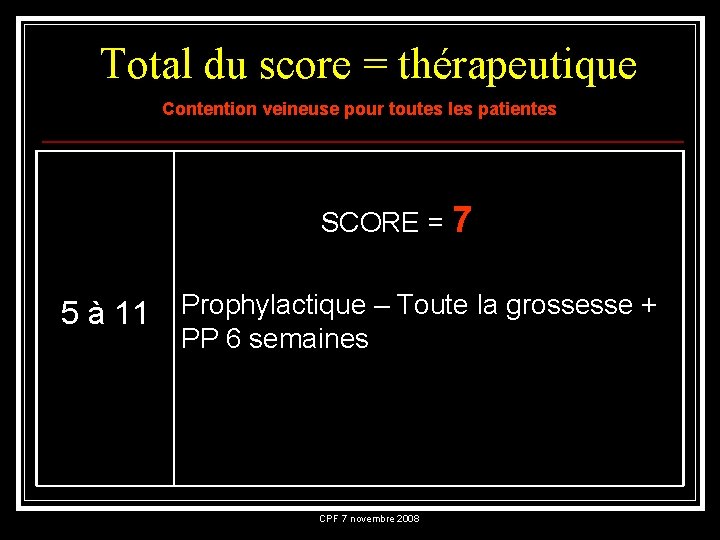 Total du score = thérapeutique Contention veineuse pour toutes les patientes SCORE = 7