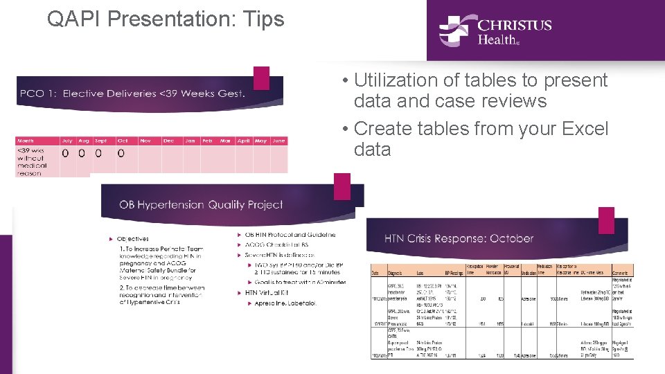 QAPI Presentation: Tips • Utilization of tables to present data and case reviews •