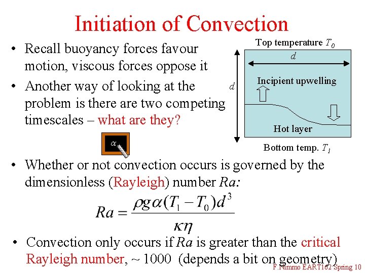 Initiation of Convection • Recall buoyancy forces favour motion, viscous forces oppose it d