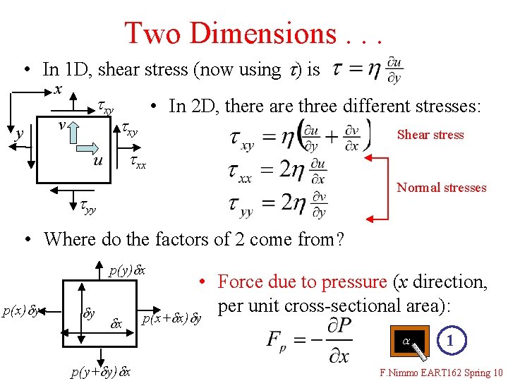 Two Dimensions. . . • In 1 D, shear stress (now using t) is