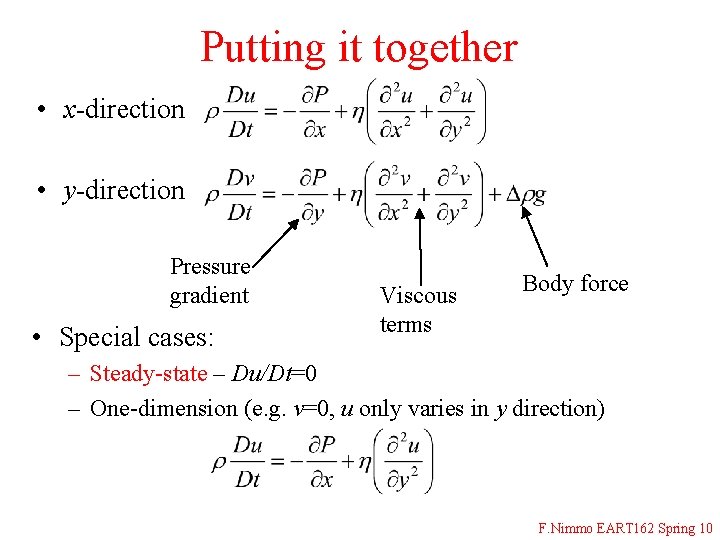 Putting it together • x-direction • y-direction Pressure gradient • Special cases: Viscous terms