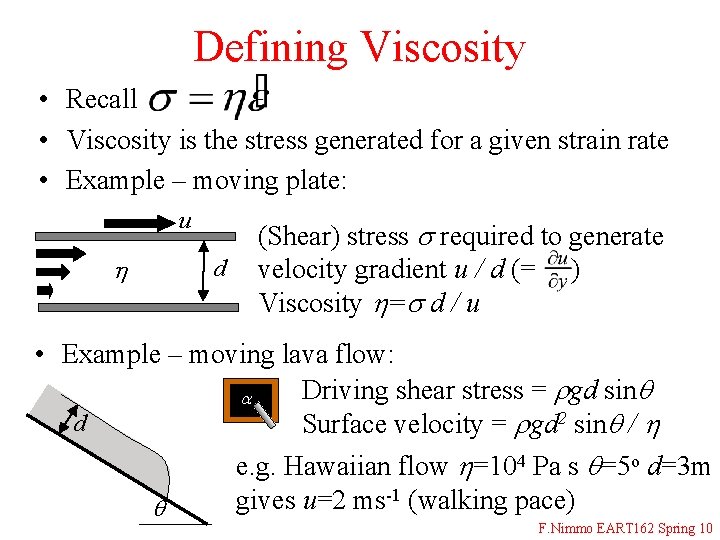 Defining Viscosity • Recall • Viscosity is the stress generated for a given strain