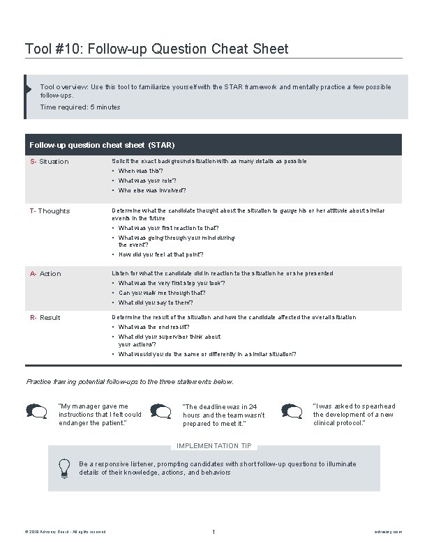 Tool #10: Follow-up Question Cheat Sheet Tool overview: Use this tool to familiarize yourself