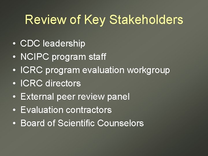 Review of Key Stakeholders • • CDC leadership NCIPC program staff ICRC program evaluation